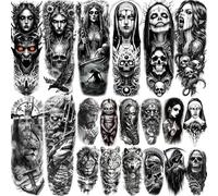 20 Sheets Gothic Full Arm Sleeve Temporary Tattoos For Men Adults Thigh, Temp Nun Girl Skull Skeleton Zeus God Jesus Christ Fake Tattoo Sleeve For Women, Scary Halloween Tattoo Stickers Demon Vampire
