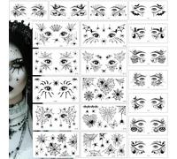 20 Sheets Halloween Face Eye Tattoos Eyeliner Eyeshadow Temporary Tattoo Stickers Black Skull Spider Web Bat Eye Shadow Tattoos Stickers for Women Halloween Costume Cosplay Masquerade Party