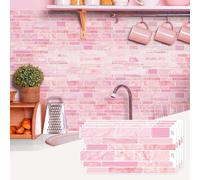 20 Sheets Mosaic Marble Effect Tile Stickers, Peel and Stick on Tiles for Kitchen Bathroom Wall Backsplash Vinyl Waterproof Self Adhesive Tile Decals Covers (Pink)