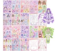 20 Sheets Princess Dress up Stickers,Anime Paper Doll Collection,DIY Make a Face Stickers, Fantasy Fairy Dress-up Set with Colouring Pages for Girls(Purple+Pink)