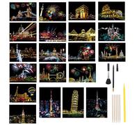 20 Sheets Scratch Art for Kids & Adults, A5 Scratch Art Paper Rainbow Painting Sketch City Series, DIY Night View Scratchboard Rainbow Painting Foil Art Craft Scratch World Famous City Landmarks