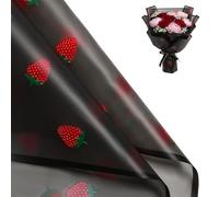 20 Sheets Strawberry Pattern Black Flower Paper for Bouquets DIY, 57 x 57 cm Translucent Waterproof Korean Wrapping Paper, Florist Supplies Flower Packaging for Graduation Valentine's Day DIY Crafts