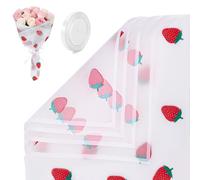 20 Sheets White Strawberry Flower Wrapping Paper, Matte Korean Florist Floral Bouquet Wrapping Paper with Ribbon, Waterproof Flower Wrap for Bouquets Gifts Girl Birthday Wedding Graduation Mother's