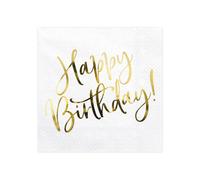 20 White and Gold Happy Birthday Paper Napkins 33 x 33 cm