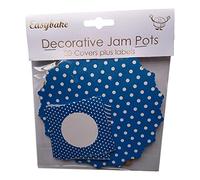 20 White Polka Dots on Blue Jam Pot Covers, Wax Discs, Rubber Bands and Self-Adhesive Labels