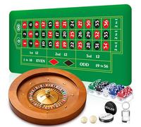 20'' Wooden Roulette Wheel Game Set Include 20'' Solid Wood Wheel with 4 Roulette Balls 35" x 16" Rubber Portable Tabletop Layout Mat 100 Chips Marker Dealer Button