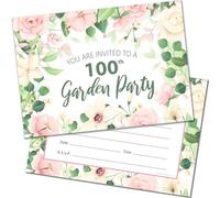 20 x 100th Garden Party Invitations - Ready to Write with Envelopes - Ideal for summer birthday, anniversary or any 100th year celebration - Designed and Printed in the UK
