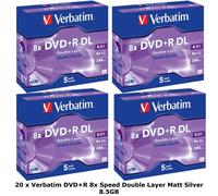 20 x Verbatim DVD+R 8x Double Dual Layer 8.5GB DL Matt Silver Discs Jewel Cased