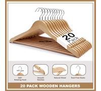 H-line Pack of 20 x Wooden Coat Suit Garment Hangers Wood Wardrobe Hanger with Trouser Bar