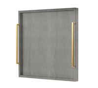 20"x20" Grey Shagreen Leather Extra Large Decorative Tray for Living Room Extra Large Square Ottoman Tray for Coffee Table (Grey-Gold Handle, 20")
