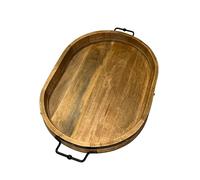 20"x24" Extra Large Oval Ottoman Tray, Solid Mango Wood, Rustic Natural Shade Farmhouse Style Serving Tray for Tea, Breakfast in Bed, Coffee Table, Decorative Handles and Accent Strap