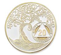 20 Year Sobriety Mint Twisted Tree of Life Gold Plated AA/NA Recovery Medallion/Chip/Token - White