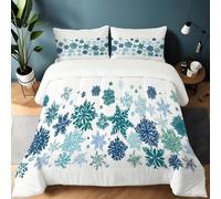 200×200 cm Bedding Set, Christmas Elements Snowflakes Borders Comforter Set with 2 Pillow Shams, Soft Warm Down Comforter, Blue-Green Cozy Bedroom Decor Bed Set, Suitable for all seasons