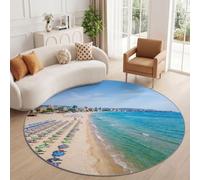 200 cm Natural Landscape Soft Washable Round Blue Area Rug Home | Low Pile Ocean Beach Umbrella Sun Lounger City Buildings Rubber Backing Rug, Stain Fade Resistant Carpet for Living Room