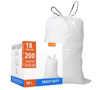 200 Count 18 Gallon Heavy Duty Compactor Drawstring Plastic Trash Bags | 1.2 Mil | White Drawstring Garbage Liners 45-70 Liter