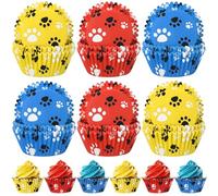 200 Count Paw Bone Cupcake Liners Dog Wrappers Paw Pattern Cup Cake Holder Puppy Dog Theme Cupcake Wrappers for Baby Shower Birthday Party Supplies(Blue Red Yellow)