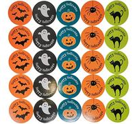 200 Halloween Stickers - 4cm Round - 8 Sheets - Ghost, Pumpkin, Bat, Spider & Black Cat Designs - Halloween Crafts, Party Favours & Trick or Treat Supplies