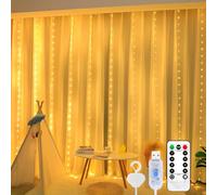 200 LED Light Curtain, Warm White, 3 m x 2 m Fairy Lights Curtain, USB, 8 Modes, LED Fairy Lights with 10 Hooks, Remote Control, Timer, Adjustable Brightness for Indoor and Outdoor Decoration, Party