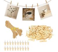 200 Mini Pegs for Photos, Mini Wooden Peg with 10M Hemp String and 20 Nails, Small Wooden Pegs for Photo Wall Display, DIY Crafts, Party Decorations, Christmas and Halloween Decorations