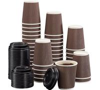 200 Pack 12 Ounce - Brown Triple Walled Disposable Paper Ripple Cups - 200 X 12oz / 360ml, Hot Drink Cups + Reusable Lids 12 OZ