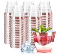 [200 Pack] 9oz Clear Plastic Cups with Rose Gold Rimmed Sturdy & Food Safe Disposable Wine Glasses Party Wedding Disposable Drinking Cups Plastic Cocktail Glasses for Wine, Juice & Cold Beverages
