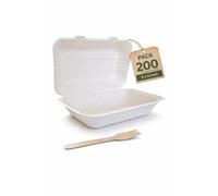 200 Pack 9x6 Inch Sugarcane Clamshell Takeaway Boxes 32oz / 900ml, Compostable Bagasse Food Containers, Eco Friendly Disposable Hinged Meal Prep Boxes for Hot & Cold Food, Leak Resistant