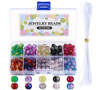 200 Pcs 8 mm Crackle Glass Beads, Colorful Crackle Crafts with Holes, Round Split Glass Loose Beads for DIY Crafting Necklace Bracelet Jewelry Making, with 1 x White Elastic Thread