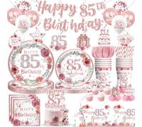 200 Pcs 85th Birthday Decorations for Women, Pink Floral Happy 85th Birthday Banner, Balloons, Cake Toppers, Plates and Napkins Set with 2 Pcs Tablecloth Cheers to 85 Years 85 Fabulous Decorations