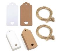 200 Pcs Blank Gift Tags with String, 3.5 X 7 CM Gift Tags for Presents, Hollow Heart Brown Labels with String, White Brown Tag for Crafts, Easter, Christmas, Wedding, with 40m Jute Twine String