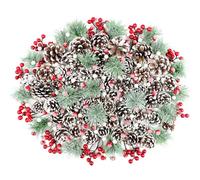 200 Pcs Christmas Pine Cones Red Berries Pine Branch Set Natural Snow Christmas Pine Cones Pine Branch Various Size Pinecones Artificial Red Berries for Xmas Tree Ornament Home Fall Winter DIY Crafts