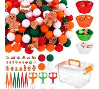 200 PCS Christmas Sensory Bin Filler Winter Sensory Bin Items 160 Pompoms 22 Gingerbread Man 8 Cups 6 Tweezers 3 Scissor Clips 1 Storage Box for Christmas Fine Motor Toys Counting Sorting Training