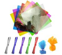 200 Pcs Colored Cellophane Wrap Cellophane Sheets with 200Pcs Twist Ties Cello Wraps Colorful Transparency Sheet for DIY Arts and Crafts, Treats Candy Wrapping Party Supplies (7.5 x 7.5 Inch)
