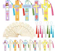 200 Pcs Cross DIY Bookmark Bulk Kits, Religious Color Your Own Craft Kits for Easter Gifts Christian Sunday School Church - Wood Bible Book Mark with Jesus, Dove & Lamb Designs for Church Events