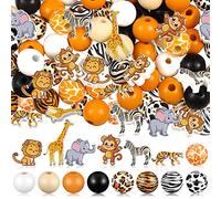 200 Pcs Cute Wooden Jungle Animals Wood Beads Animal Print Beads with Tiger Monkey Lion Giraffe Elephant Print Pattern Spacer Loose Beads for DIY Room Party Decor Tiered Tray Wall Hanging Ornament