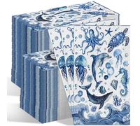 200 Pcs Disposable Under The Sea Paper Napkins Decorative Sea Animals Hand Towels for Bathroom, Disposable Guest Napkins for Beach Wedding, Ocean Birthday Party, Baby Shower, Summer Pool Table Decor