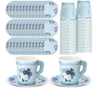 200 Pcs Floral Paper Tea Cups and Saucers 7 oz Disposable Tea Party Decorations Vintage Cute Paper Tea Cups and Plates with Handles for Girls Wedding Baby Bridal Shower Birthday, Serve 100(Blue)