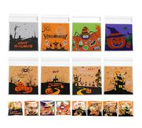 200 PCS Halloween Sweet Bags, 8 Patterns Halloween Treat Bags, 10x10CM Clear Transparent Candy Bags, Pumpkin and Castle Pattern Cellophane Bags, for Snacks & Cookies Packing, Party Supplies
