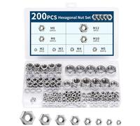 200 Pcs Hexagon Nuts, Stainless Steel Hex Nuts, Hexagonal Nutsset, Locking Nut Set for Screws Bolts Washers, M2 M3 M4 M5 M6 M8 M10 M12 Nut Set, Silver