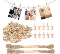 200 Pcs Mini Wooden Pegs, Photo String and Pegs with Stainless Steel Springs, Natural, Wooden Pegs Craft with 2pcs 10M Jute String for Photo Wall Display,Craft,Weddings and Party