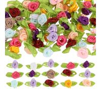 200 Pcs Multicolor Satin Roses with Green Leaves for Crafts Mini Roses for Crafts Small Satin Roses Tiny Artificial Fabric Flowers Ornament Applique for Wedding Bride Sewing Wrapping DIY Wreath Decor