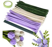 200 Pcs Pipe Cleaners for Crafts - 30cm Chenille Stems in Purple, White, Green - DIY Tulip Flower Kit with 15 Flower Stems, 1 Florist Tape - Soft, Flexible Craft Pipe Cleaners for Bouquet Making