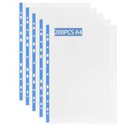 200 Pcs Punched Pockets A4 Clear 60 Micron Strong Plastic Wallet Sleeves, Top Opening Poly Pockets for Ring Binder Folders, Blue Edge