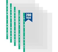 200 Pcs Punched Pockets A4 Clear 60 Micron Strong Plastic Wallet Sleeves, Top Opening Poly Pockets for Ring Binder Folders, Green Edge