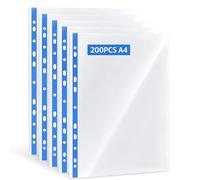 200 Pcs Punched Pockets A4 Clear 80 Micron Strong Plastic Wallet Sleeves, Top Opening Poly Pockets for Ring Binder Folders, Blue Edge