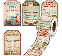 200 Pcs Retro Santa Christmas Tags Self-Adhesive Stickers Roll - North Pole, Official Santa Delivery & Naughty or Nice Designs for Xmas Gift Wrapping, Party Decorations