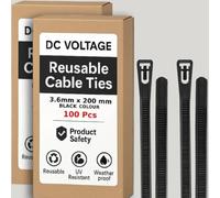 200 Pcs Reusable Black Cable Ties 200mm x 3.6mm, 8" Adjustable Plastic Tie Wraps HeavyDuty Releasable Strong Nylon Zip Ties for Home Office Garage and Workshop (3.6 x 200 mm -Black)