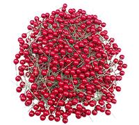 200 PCS/Set Christmas Holly Berries, Artificial Berries Christmas Holly Berries Foam Ball Iron Wire Red Ball+Green Stem Wreath Making Supplies Xmas Party Decoration
