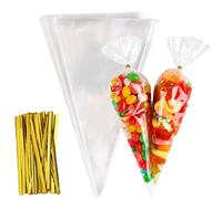 200 Pcs Sweet Cone Bags, Clear Cellophane Triangle Sweet Bags for Party | Candy Bags with 200 Gold Twist for Sweet Cone, Popcorn, Chocolates, Snacks, Halloween, Christmas, Birthday Gifts, 25x13cm