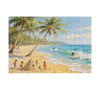 200 Piece Wooden Jigsaw Puzzle - Challenging | Beach Fun Happy Surfing On The Waves | Design - Adult Brain Teaser & Unique Home Decor Gift,