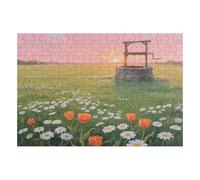 200 Piece Wooden Jigsaw Puzzle - Challenging | Sunset Ancient Well The Tranquility Of The Sea Of Flowers | Design - Adult Brain Teaser & Unique Home Decor Gift,